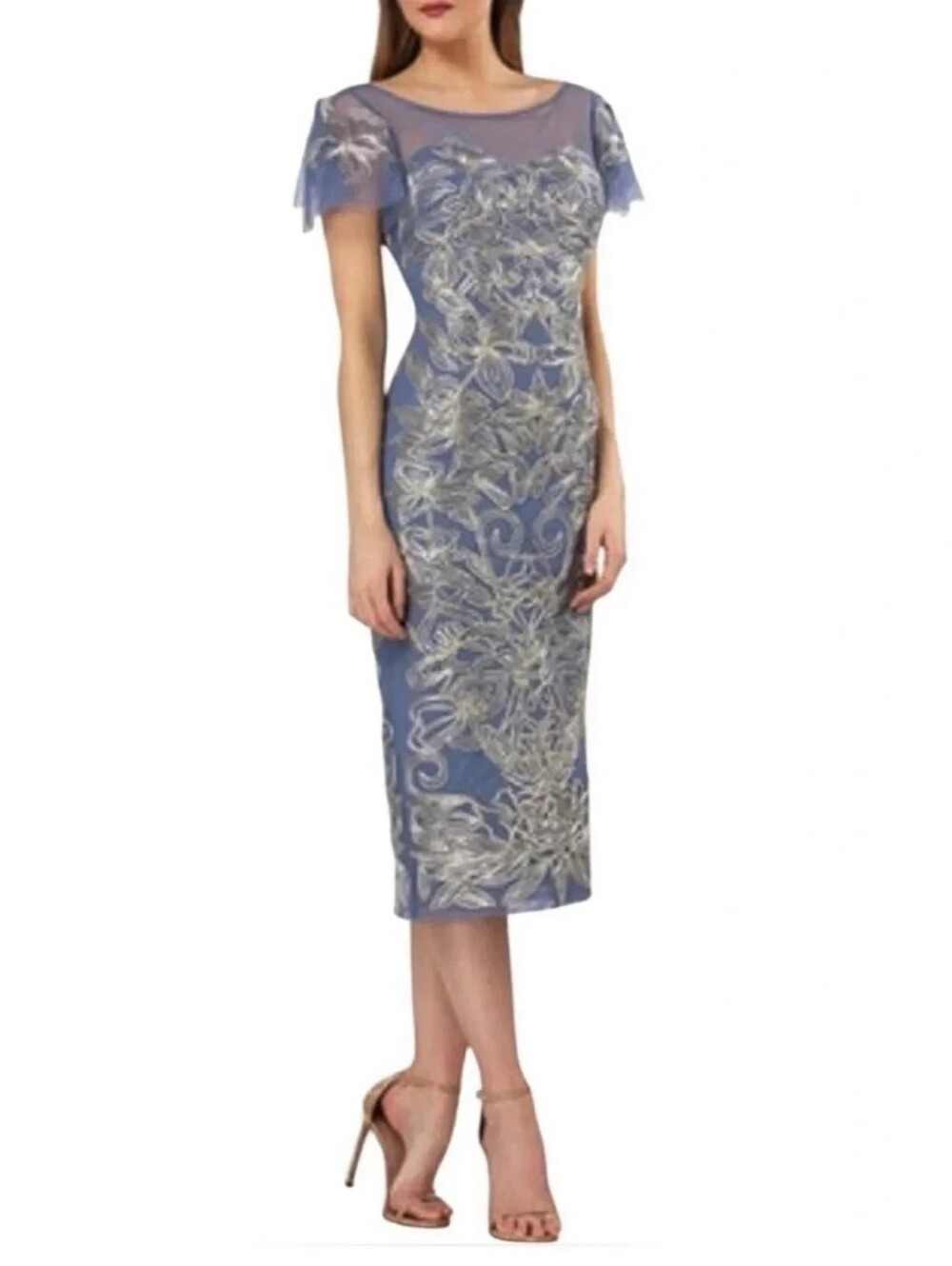 JS Collections Blue Midi Dress with Silver Floral Embroidery